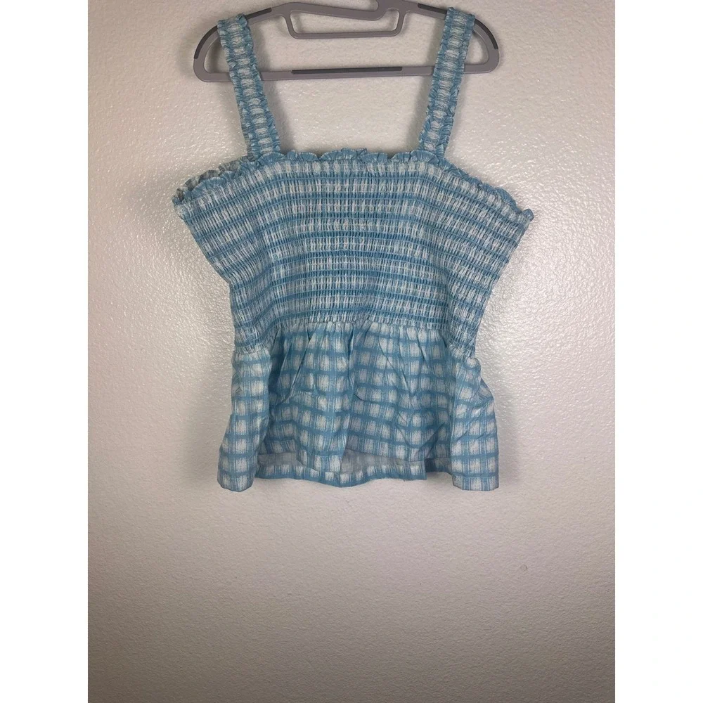 Candace Cameron Bure Blue Gingham Smocked Peplum Tank Top 1X Cotton Sleeveless - Picture 2 of 6